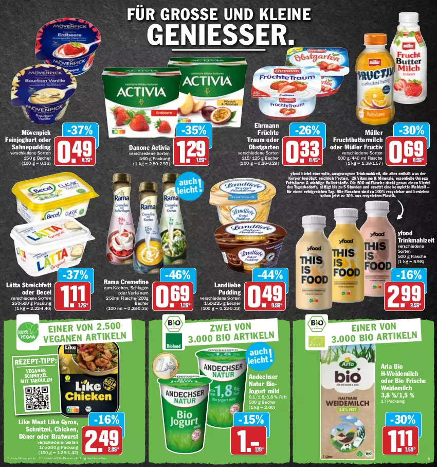 Aktueller Prospekt Hit - Prospekte - von 16.05 bis 21.05.2022 - strona 9 - produkty: activia, andechser natur, arla, asti, ball, becel, Becher, bio, bratwurst, butter, buttermilch, creme, danone, danone activia, ehrmann, eis, elle, feinjoghurt, flasche, frucht, früchte, Garten, gyros, joghur, joghurt, jogurt, landliebe, lätta, leine, LG, Like Meat, milch, mövenpick, Müller, natur, obst, obstgarten, omega, pudding, rama, rama cremefine, reis, sahne, schnitzel, teller, Ti, vita, Vitamine, weidemilch, wurst