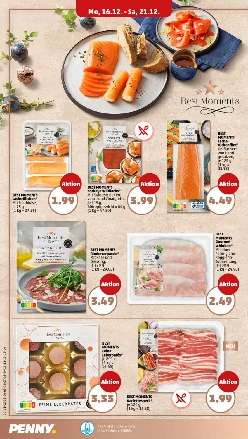 Aktueller Prospekt Penny - Prospekte - von 16.12 bis 21.12.2024 - strona 10 - produkty: ACC, Carpaccio, dressing, eis, erde, filet, fleisch, Käse, kräuter, kräutern, lachs, nuk, parmigiano, regal, reggiano, rind, rinder, rindfleisch, salz, schinken, Speck, Ti, Wild, wildlachs