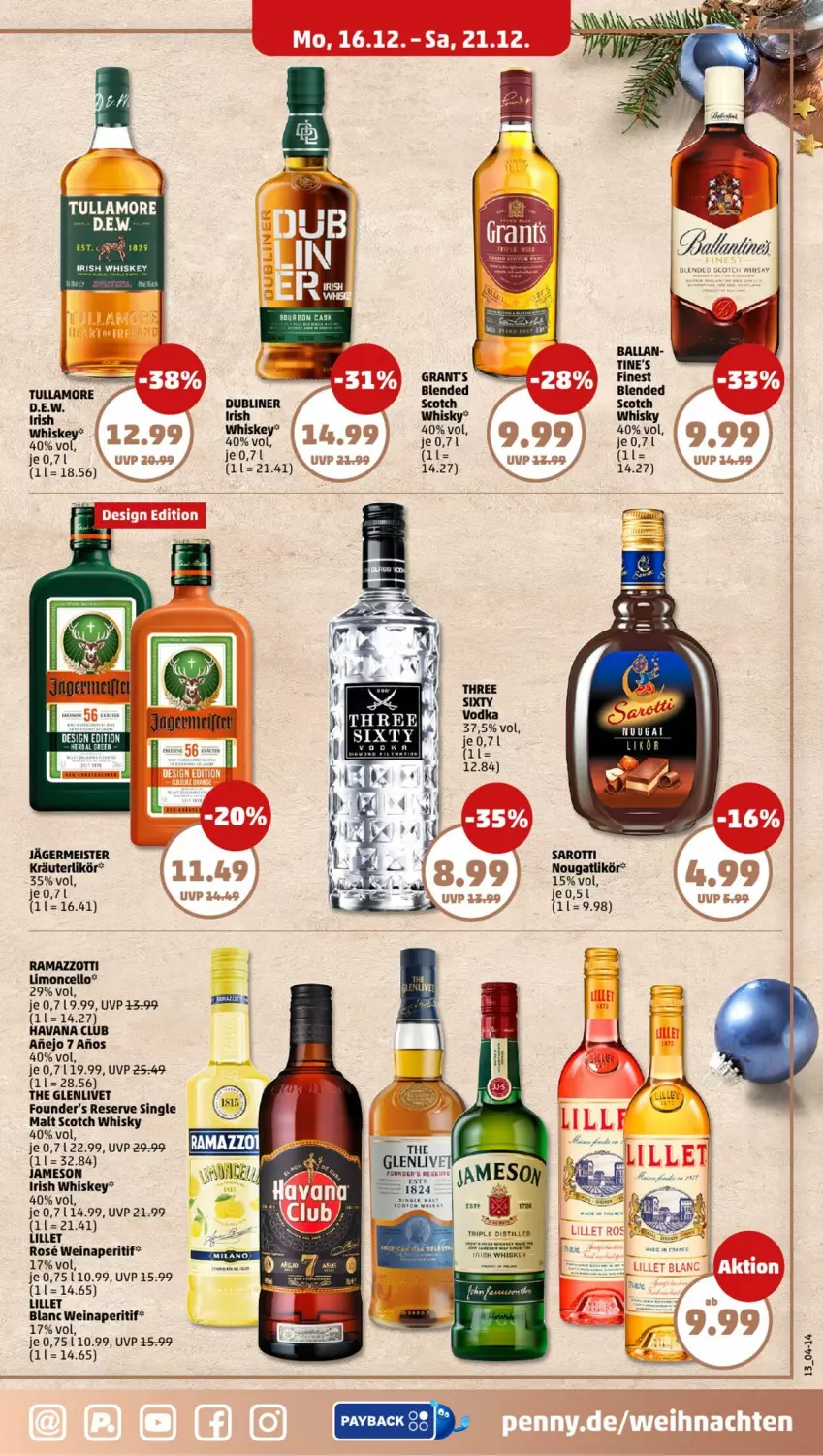 Aktueller Prospekt Penny - Prospekte - von 16.12 bis 21.12.2024 - strona 13 - produkty: aperitif, eis, Germ, Havana Club, irish whiskey, jägermeister, jameson, kräuter, kräuterlikör, likör, lillet, limo, Meister, payback, rama, ramazzott, ramazzotti, scotch, scotch whisky, single malt, Three Sixty, Ti, tullamore, vodka, wein, whiskey, whisky, zott