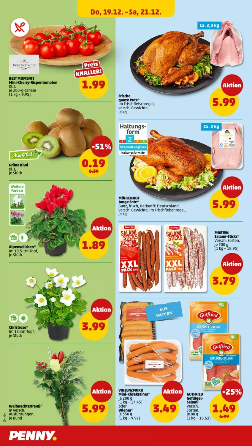 Aktueller Prospekt Penny - Prospekte - von 16.12 bis 21.12.2024 - strona 34 - produkty: Alpenveilchen, eis, ente, fleisch, gutfried, Käse, Käsekrainer, kiwi, pute, regal, salami, Schal, Schale, Ti, topf, wiener