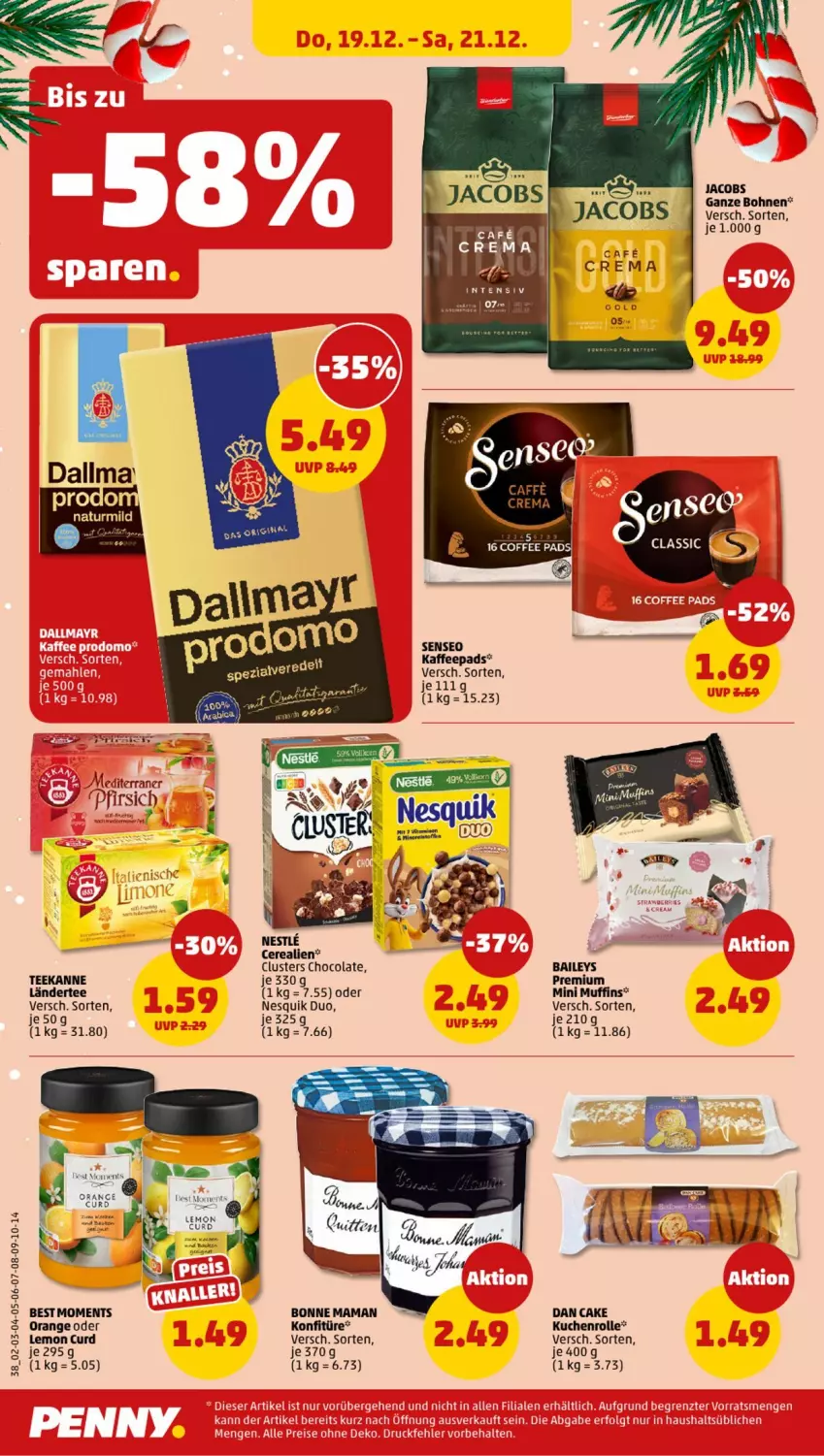 Aktueller Prospekt Penny - Prospekte - von 16.12 bis 21.12.2024 - strona 38 - produkty: baileys, bonne maman, cerealien, cola, jacobs, kaffee, kaffeepads, konfitüre, kuchen, Ländertee, LG, mam, Muffin, muffins, natur, nesquik, orange, pfirsich, senseo, tee, teekanne