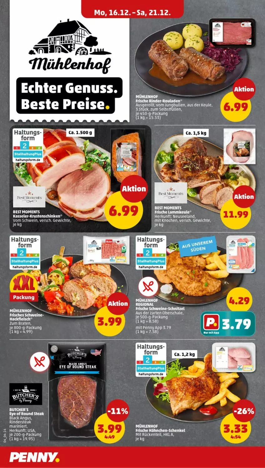 Aktueller Prospekt Penny - Prospekte - von 16.12 bis 21.12.2024 - strona 4 - produkty: braten, eis, Elan, fleisch, Frische Hähnchen, hackfleisch, hähnchen-schenkel, henkel, jungbullen, kasseler, Krustenschinken, lack, lamm, lammkeule, rind, rinder, rinder-rouladen, Rindersteak, rouladen, schenkel, schinken, schwein, steak, tee, Ti, wein