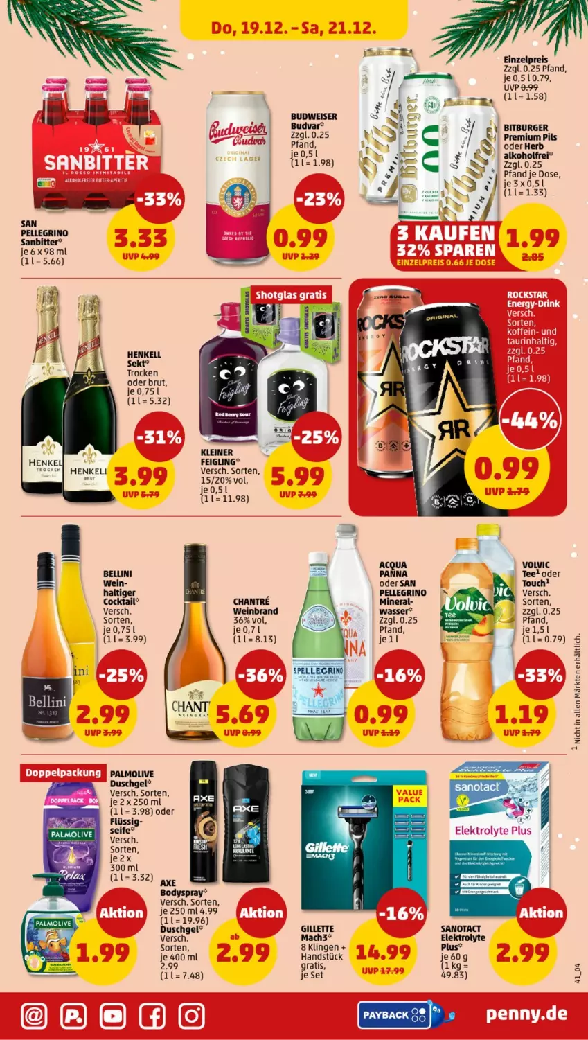 Aktueller Prospekt Penny - Prospekte - von 16.12 bis 21.12.2024 - strona 41 - produkty: alkohol, axe, bitburger, body, bodyspray, brut, budweiser, burger, cocktail, duschgel, eis, elle, gillette, henkel, henkell, henkell sekt, kleiner feigling, leine, mac, mach3, olive, palmolive, payback, pils, premium pils, reis, san pellegrino, Seife, sekt, tee, Ti, volvic, wasser, wein, weinbrand