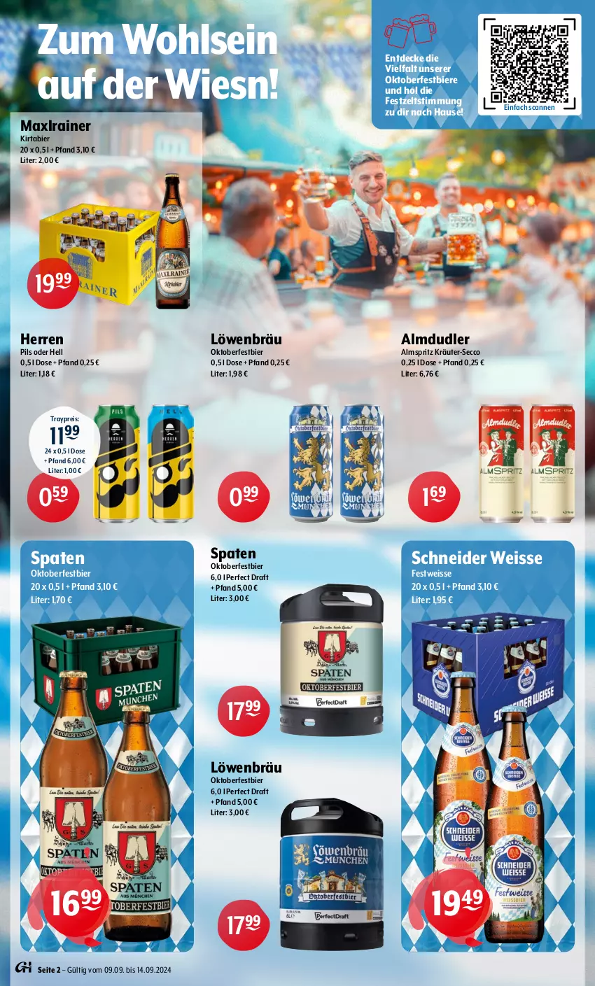 Aktueller Prospekt Getraenke Hoffmann - Prospekte - von 09.09 bis 14.09.2024 - strona 2 - produkty: almdudler, bier, Biere, decke, ecco, eis, kräuter, Maxlrainer, pils, reis, Spaten, Ti, Zelt