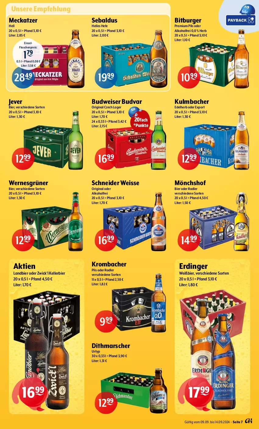 Aktueller Prospekt Getraenke Hoffmann - Prospekte - von 09.09 bis 14.09.2024 - strona 7 - produkty: alkohol, bier, bitburger, budweiser, burger, eis, elle, erdinger, flasche, gin, Hefe, jever, kellerbier, krombache, krombacher, krombacher pils, mars, mönchshof, oder radler, pils, premium pils, radler, reis, Ti, urtyp, WICK