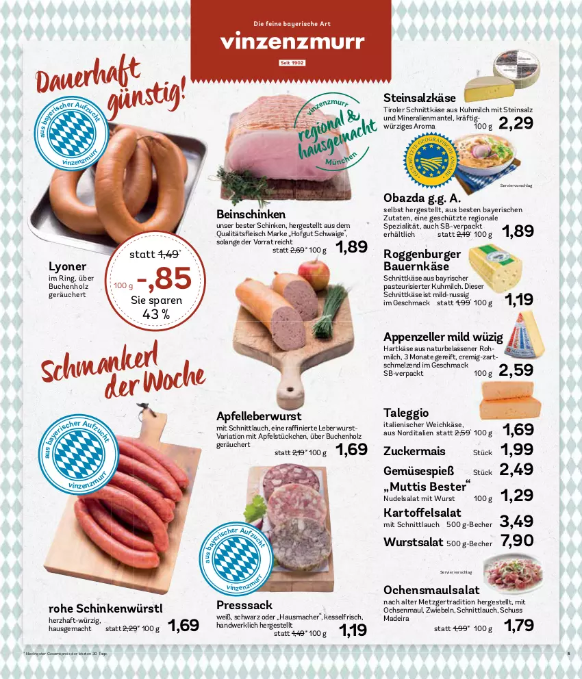 Aktueller Prospekt Aez - Prospekte - von 21.05 bis 25.05.2024 - strona 5 - produkty: apfel, appenzeller, auer, Bau, Bauer, Becher, buch, burger, eis, elle, hartkäse, Hausmacher, hofgut, Holz, Käse, leberwurst, lyoner, mac, mais, Mantel, milch, Mutti, natur, nudel, nudelsalat, nuss, obazda, presssack, reis, Ria, ring, sac, salat, salz, schinken, schnittkäse, schnittlauch, Spezi, Steinsalzkäse, Ti, weichkäse, wurst, Yo, ZTE, zucker, zuckermais, zwiebel, zwiebeln