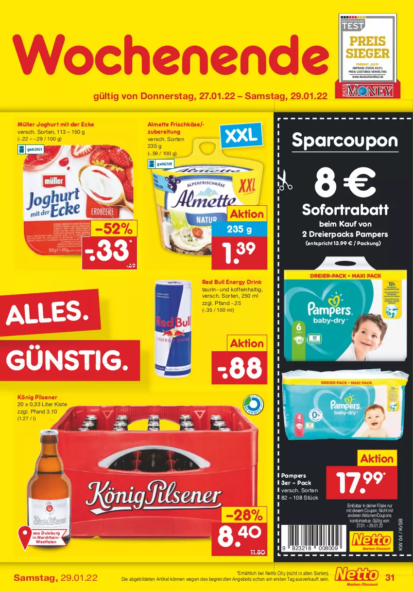 Aktueller Prospekt Netto Marken-Discount - Filial-Angebote - von 24.01 bis 29.01.2022 - strona 31 - produkty: almette, angebot, coupon, coupons, drink, eier, energy drink, frischkäse, joghur, joghurt, joghurt mit der ecke, Käse, könig pilsener, Mett, Müller, pampers, pils, pilsener, red bull, sofortrabatt, Ti, ZTE