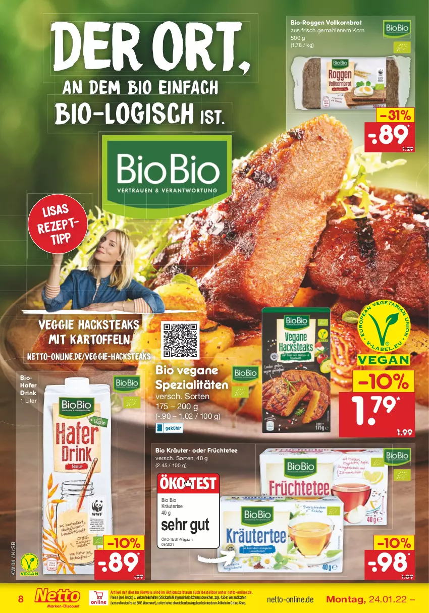 Aktueller Prospekt Netto Marken-Discount - Filial-Angebote - von 24.01 bis 29.01.2022 - strona 8 - produkty: bio, brot, drink, eis, früchte, Früchtetee, hafer, kartoffel, kartoffeln, korn, Kornbrot, kräuter, magazin, ndk, reis, rezept, Spezi, steak, steaks, tee, Ti, veggie, versandkostenfrei, vollkornbrot