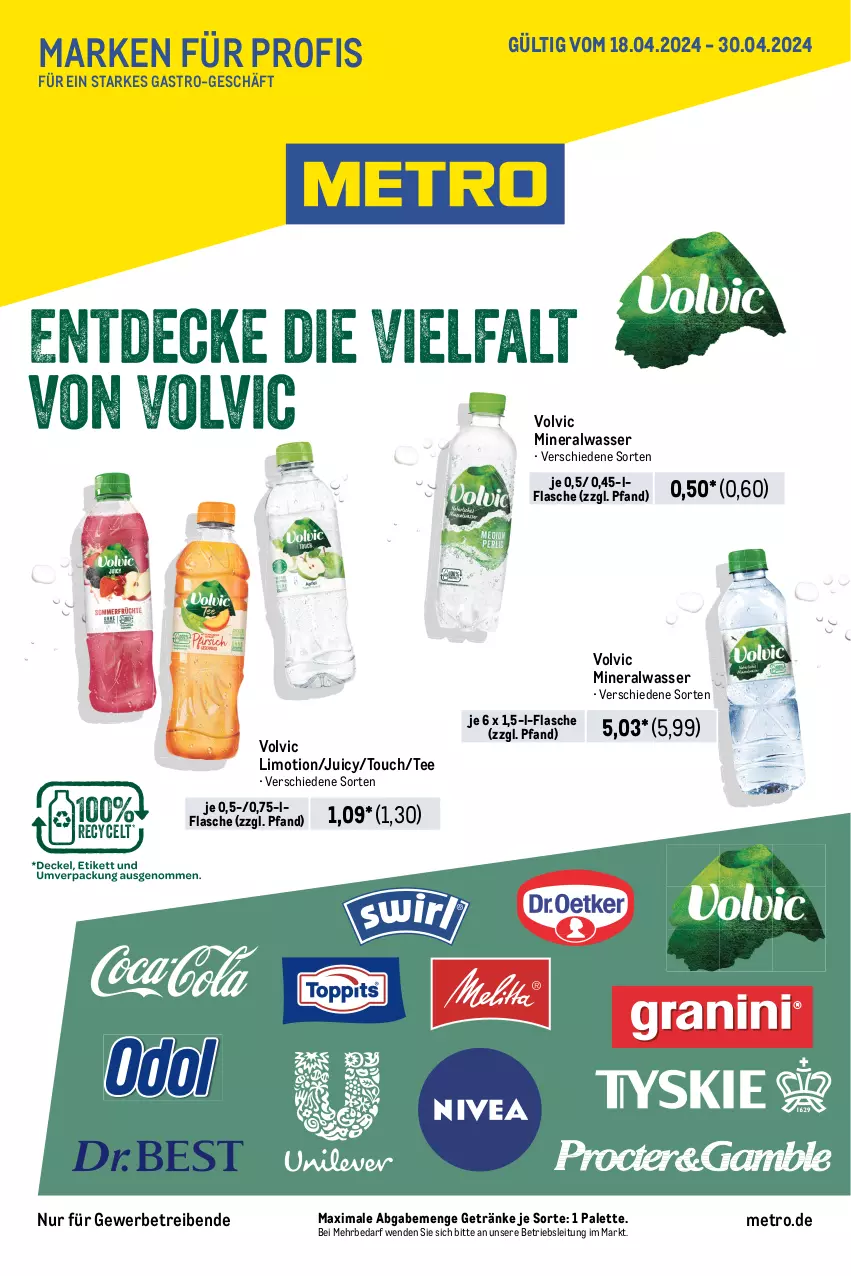 Aktueller Prospekt Metro - Starke Marken Profi - von 18.04 bis 30.04.2024 - strona 1 - produkty: Alwa, flasche, getränk, getränke, limo, Metro, mineralwasser, Palette, tee, Ti, volvic, wasser