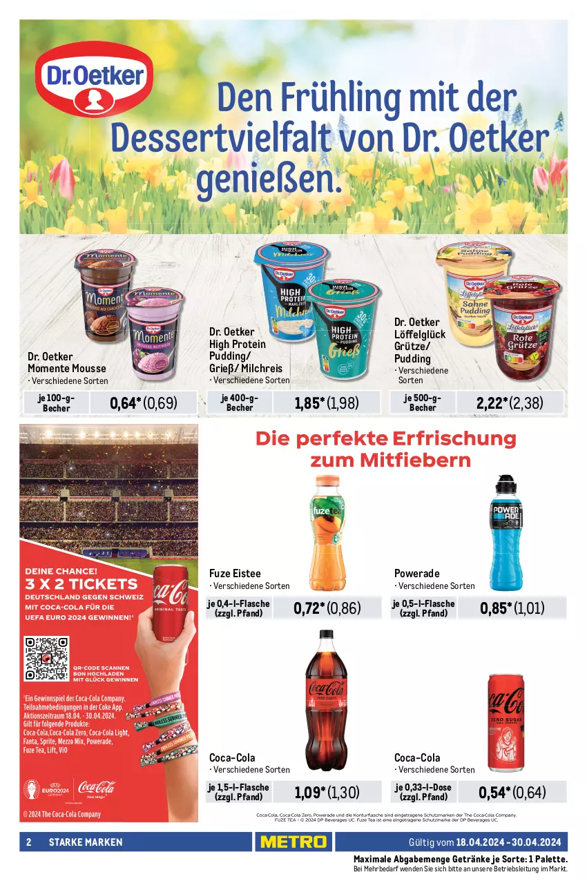 Aktueller Prospekt Metro - Starke Marken Profi - von 18.04 bis 30.04.2024 - strona 2 - produkty: Becher, coca-cola, cola, Dr. Oetker, eis, eistee, ente, flasche, getränk, getränke, granini, granini die limo, grütze, Hohes C, LG, limo, Löffel, milch, milchreis, mousse, Palette, pils, premium pils, pudding, reis, saft, schorle, tee, Ti, tyskie