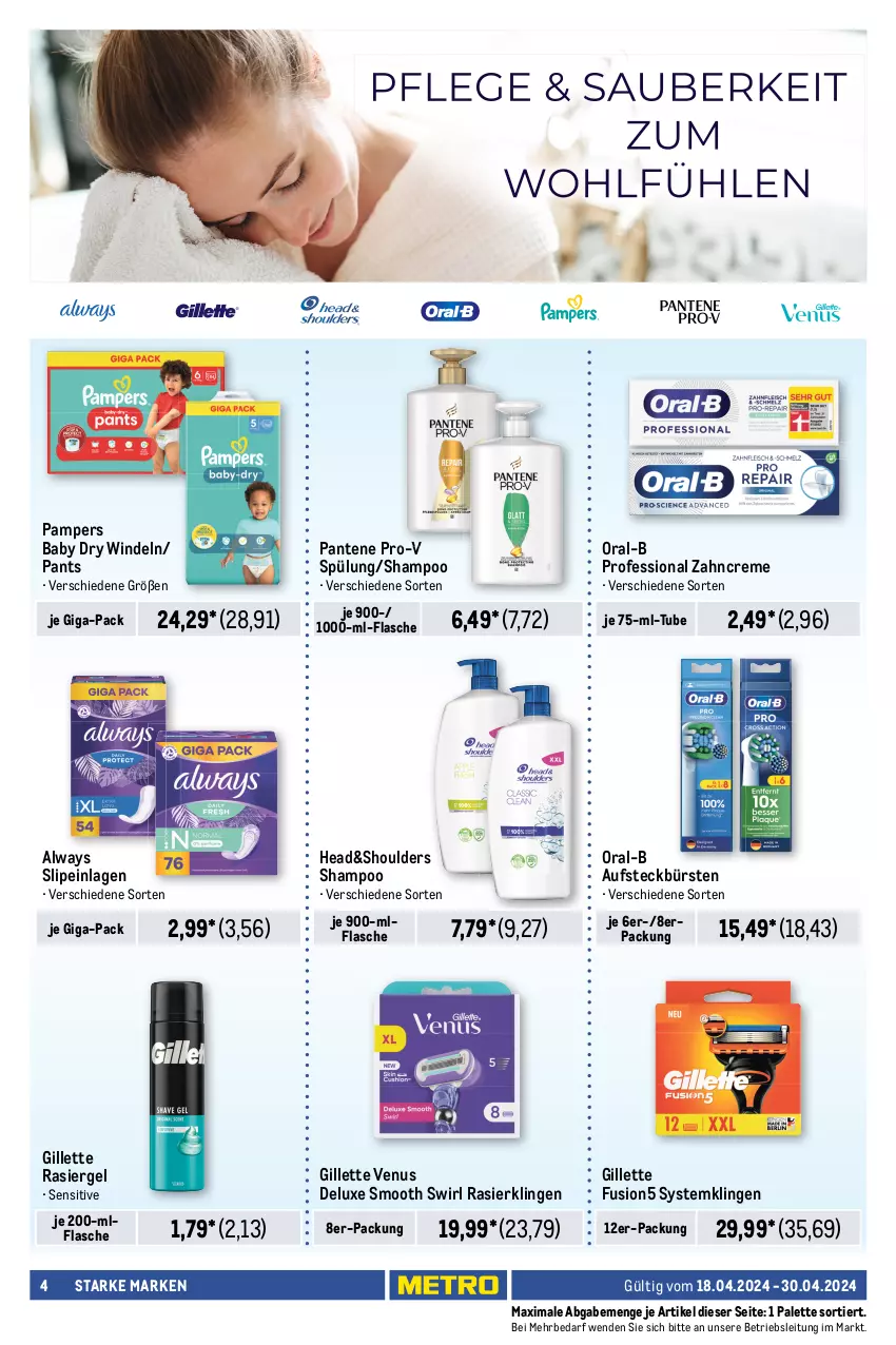 Aktueller Prospekt Metro - Starke Marken Profi - von 18.04 bis 30.04.2024 - strona 4 - produkty: Alwa, Always, aufsteckbürsten, auto, beutel, body, bodylotion, braun, bürste, bürsten, creme, dusche, eis, feuchtigkeitscreme, flasche, fusion5, gefrierbeutel, gillette, gillette venus, LG, Lotion, melitta, müllbeutel, nivea, nivea sun, oral-b, Palette, pampers, pampers baby dry, pantene, pantene pro-v, Pants, papier, pflegedusche, pro-v, rasiergel, Rasierklinge, rasierklingen, reis, shampoo, slip, slipeinlagen, sonnenschutz, spülung, swirl, Systemklingen, Ti, tisch, toppits, Tüte, venus, windeln, zahncreme