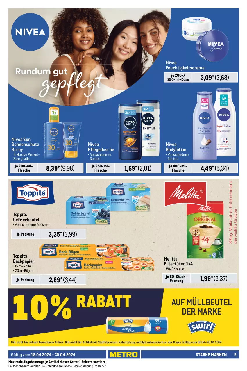 Aktueller Prospekt Metro - Starke Marken Profi - von 18.04 bis 30.04.2024 - strona 5 - produkty: Alwa, Always, aufsteckbürsten, auto, beutel, body, bodylotion, braun, bürste, bürsten, creme, dusche, eis, feuchtigkeitscreme, flasche, fusion5, gefrierbeutel, gillette, gillette venus, LG, Lotion, melitta, müllbeutel, nivea, nivea sun, oral-b, Palette, pampers, pampers baby dry, pantene, pantene pro-v, Pants, papier, pflegedusche, pro-v, rasiergel, Rasierklinge, rasierklingen, reis, shampoo, slip, slipeinlagen, sonnenschutz, spülung, swirl, Systemklingen, Ti, tisch, toppits, Tüte, venus, windeln, zahncreme