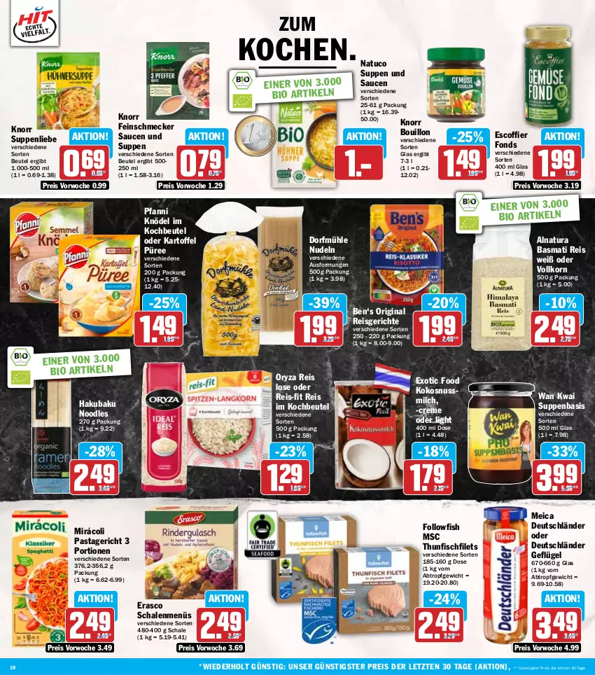 Aktueller Prospekt Hit - Wochenprospekt - von 10.02 bis 15.02.2025 - strona 10 - produkty: basmati, Basmati Reis, beutel, bio, creme, eis, erasco, feinschmecker, filet, filets, fisch, followfish, Geflügel, gin, kartoffel, Knödel, knorr, kochbeutel, kokos, kokosnuss, Kokosnussmilch, korn, meica, milch, Mirácoli, natur, natura, nudel, nudeln, nuss, oryza, pasta, Pastagericht, pfanni, püree, reis, reis-fit, sauce, saucen, Schal, Schale, suppe, suppen, suppenliebe, thunfisch, Ti, tuc, ZTE