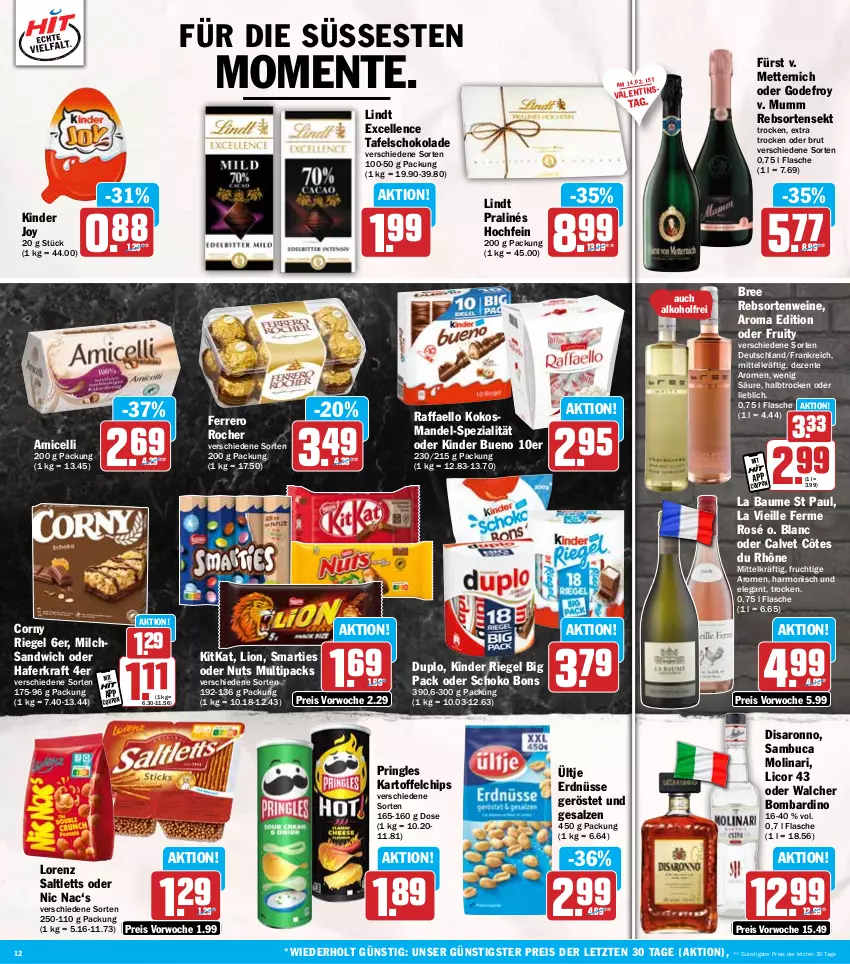 Aktueller Prospekt Hit - Wochenprospekt - von 10.02 bis 15.02.2025 - strona 12 - produkty: alkohol, amicelli, Bau, bree, brut, chips, corny, coupon, duplo, eis, elle, ente, erdnüsse, ferrero, Ferrero Rocher, flasche, frucht, hafer, kartoffel, kartoffelchips, Kinder, kinder bueno, kinder riegel, kitkat, kokos, kraft, licor, licor 43, lindt, lion, lorenz, mandel, Mett, metternich, milch, Molinari, mumm, pringles, raffaello, rebsortenweine, reis, riegel, ring, saltletts, salz, sambuca, sandwich, saro, schoko, schokolade, sekt, smarties, Spezi, tafelschokolade, Ti, ültje, ültje erdnüsse, wein, weine, ZTE