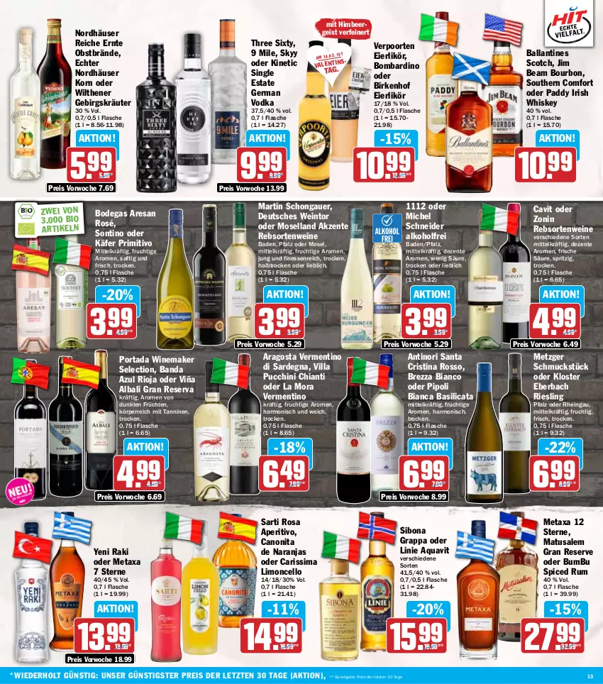 Aktueller Prospekt Hit - Wochenprospekt - von 10.02 bis 15.02.2025 - strona 13 - produkty: alkohol, aqua, aquavit, auer, Bad, ball, bio, Bona, bourbon, Bumbu, canon, chia, chianti, eier, eierlikör, eis, ente, finesse, flasche, frucht, früchte, früchten, Germ, grappa, himbeer, irish whiskey, jim beam, käfer, Kloster Eberbach, korn, kräuter, likör, limo, Matusalem, Metaxa, Michel Schneider, moselland, obst, primitivo, rebsortenweine, reis, resa, riesling, rioja, rum, saft, Schmuck, scotch, sim, skyy, Southern Comfort, Three Sixty, Ti, verpoorten, vodka, wein, weine, whiskey, wilthener, yeni raki, zonin, ZTE