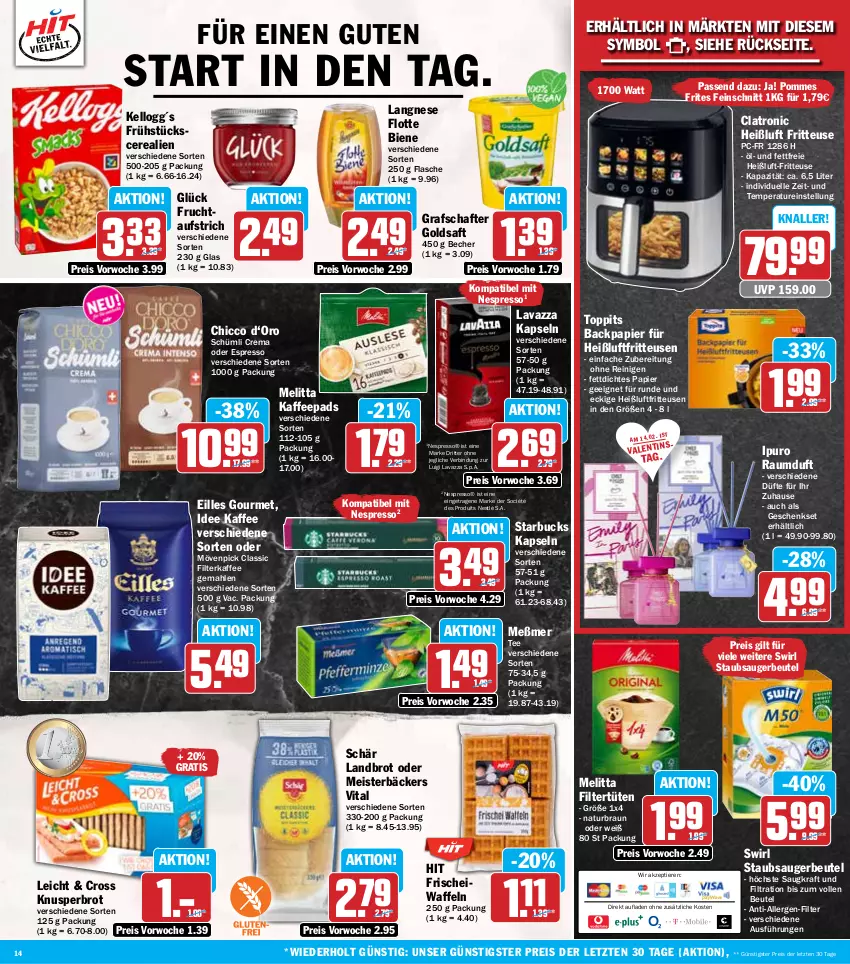 Aktueller Prospekt Hit - Wochenprospekt - von 10.02 bis 15.02.2025 - strona 14 - produkty: aufstrich, Becher, beutel, braun, brot, cerealien, eilles gourmet, eis, elle, espresso, filterkaffee, flasche, fritteuse, frucht, fruchtaufstrich, geschenkset, goldsaft, grafschafter, Heißluftfritteuse, Ipuro, kaffee, kaffeepads, kraft, langnese, lavazza, Meister, melitta, Meßmer, mövenpick, natur, nespresso, nestlé, oder espresso, papier, pommes, Pommes Frites, Raumduft, reis, ritter, saft, starbucks, staubsauger, staubsaugerbeutel, swirl, tee, Ti, Tiere, toppits, Tüte, vita, waffeln, ZTE