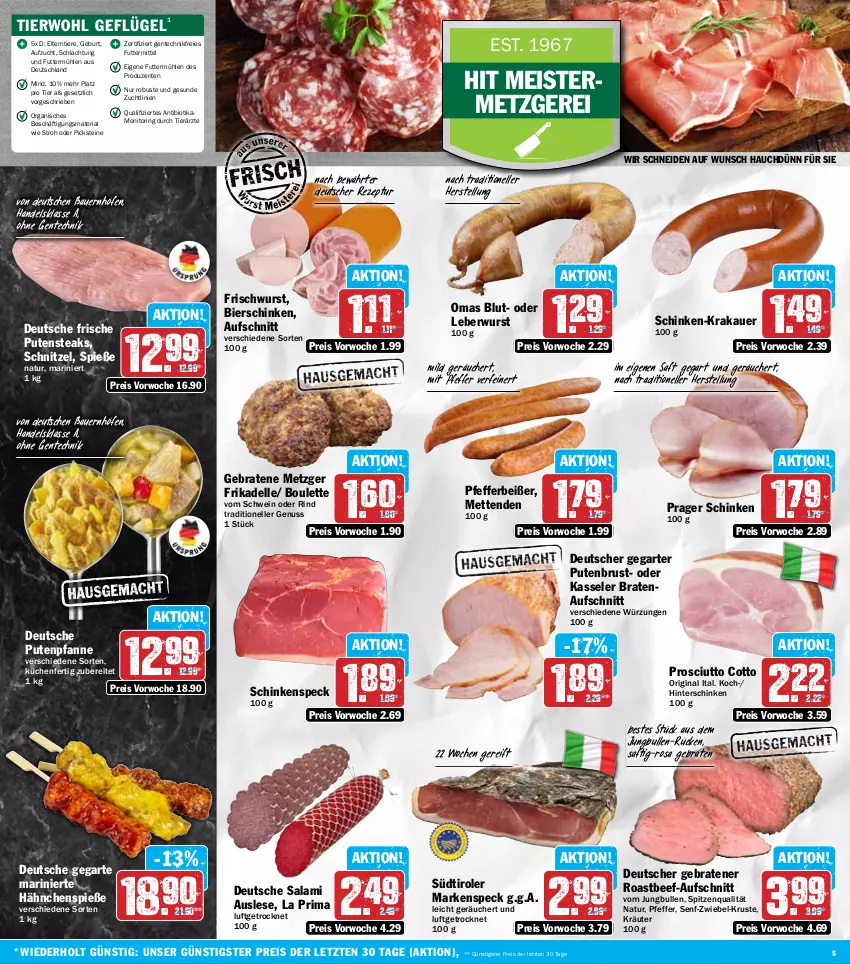 Aktueller Prospekt Hit - Wochenprospekt - von 10.02 bis 15.02.2025 - strona 5 - produkty: auer, aufschnitt, Bau, Bauer, beef, bier, bierschinken, bio, braten, bratenaufschnitt, dell, eis, elle, ente, Geflügel, gin, hinterschinken, jungbullen, kasseler, krakauer, kräuter, küche, Küchen, leberwurst, Meister, Mett, metten, Mettenden, monitor, natur, nuss, pfanne, pfeffer, Pfefferbeißer, prosciutto, prosciutto cotto, pute, putenbrust, putensteaks, reis, rezept, Ria, rind, ring, roastbeef, saft, salami, schinken, schinkenspeck, schnitzel, schwein, senf, Speck, spitzenqualität, steak, steaks, südtiroler, Ti, Tiere, wein, wurst, ZTE, zwiebel