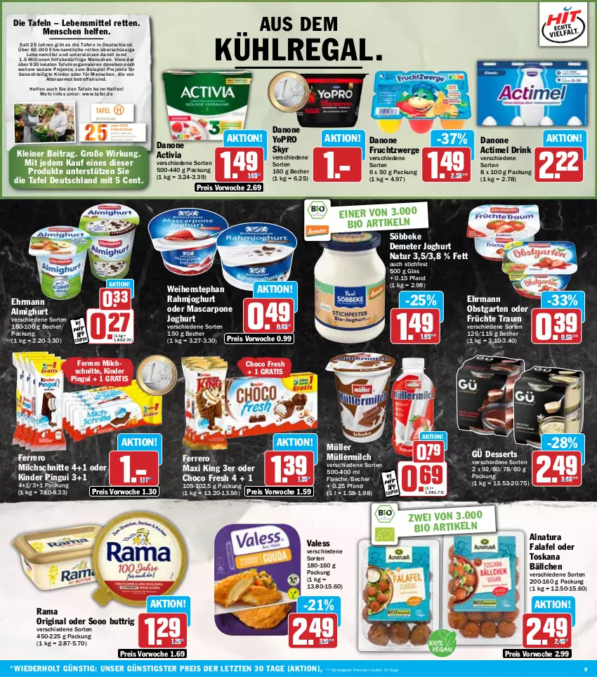 Aktueller Prospekt Hit - Wochenprospekt - von 10.02 bis 15.02.2025 - strona 9 - produkty: actimel, actimel drink, activia, almighur, almighurt, Becher, bio, choco fresh, coupon, danone, danone actimel drink, danone activia, dessert, desserts, drink, ehrmann, ehrmann almighurt, eis, Falafel, ferrero, flasche, frucht, früchte, fruchtzwerge, Garten, gin, joghur, joghurt, Kinder, kinder pingui, kühlregal, lebensmittel, leine, lion, mascarpone, milch, Milchschnitte, Müller, müllermilch, natur, natura, obst, obstgarten, pingui, rahmjoghurt, rama, regal, reis, Skyr, söbbeke, Ti, weihenstephan, Yo, ZTE