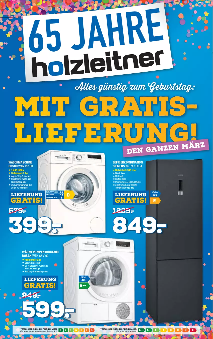 Aktueller Prospekt Holzleitner - Prospekte - von 18.03 bis 25.03.2022 - strona 1 - produkty: beleuchtung, bosch, Elektro, elle, gefrierkombination, kühlgerät, lack, led-beleuchtung, LG, nation siemens, schlauch, siemens, Ti, Trockner, trommel, wärmepumpentrockner, wäschetrockner, waschmaschine, waschmaschinen