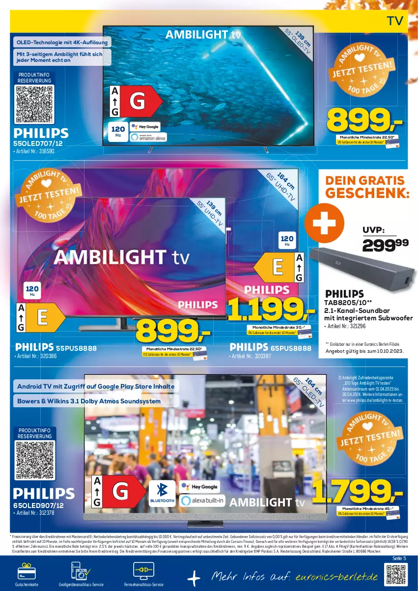 Aktueller Prospekt Berlet - Markt ändern > - von 09.10 bis 14.10.2023 - strona 5 - produkty: Android TV, angebot, consors finanz, eimer, eis, google play, gutschein, LG, mastercard, Philips, soundbar, Subwoofer, Ti