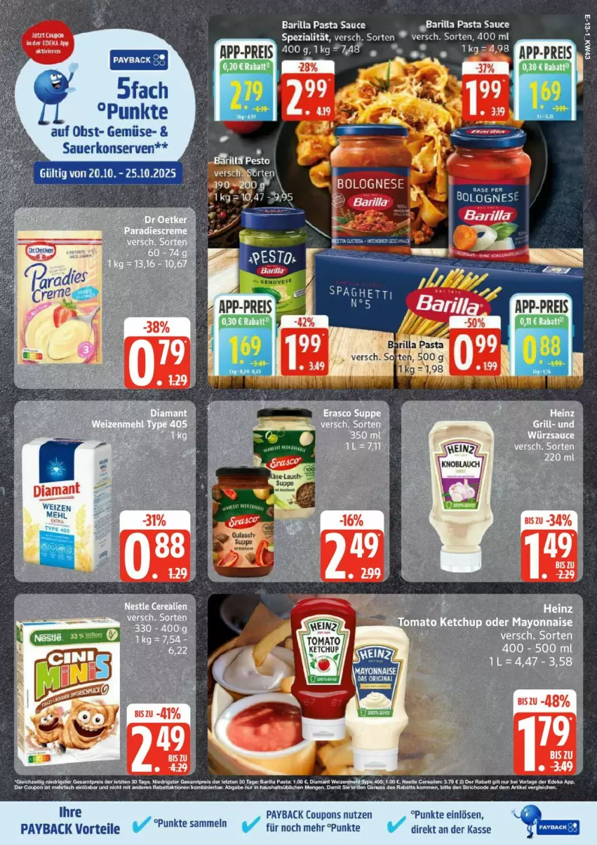 Aktueller Prospekt Edeka - Prospekte - von 20.10 bis 25.10.2025 - strona 13 - produkty: auer, barilla, coupon, coupons, Konserven, mayonnaise, mehl, obst, pasta, Pasta Sauce, payback, sauce, Spezi, Ti, Yo