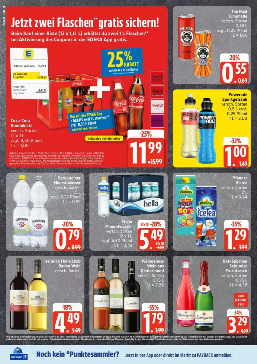 Aktueller Prospekt Edeka - Prospekte - von 20.10 bis 25.10.2025 - strona 18 - produkty: coca-cola, cola, coupon, coupons, deka, eis, flasche, getränk, HP, payback, reis, Sport, steiner, tee, tesa, Ti, ZTE