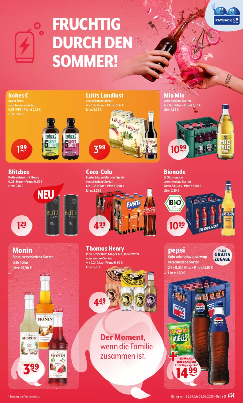 Aktueller Prospekt Getraenke Hoffmann - Prospekte - von 28.07 bis 02.08.2025 - strona 3 - produkty: bio, bio limo, bionade, bugles, coca-cola, cola, drink, fanta, frucht, gin, ginger, ginger ale, grapefruit, Hohes C, honig, limo, limonade, Mezzo Mix, Mio Mio, monin, oder sprite, pepsi, Schwip Schwap, sirup, sprite, thomas henry, Ti, tonic, tonic water, Tüte
