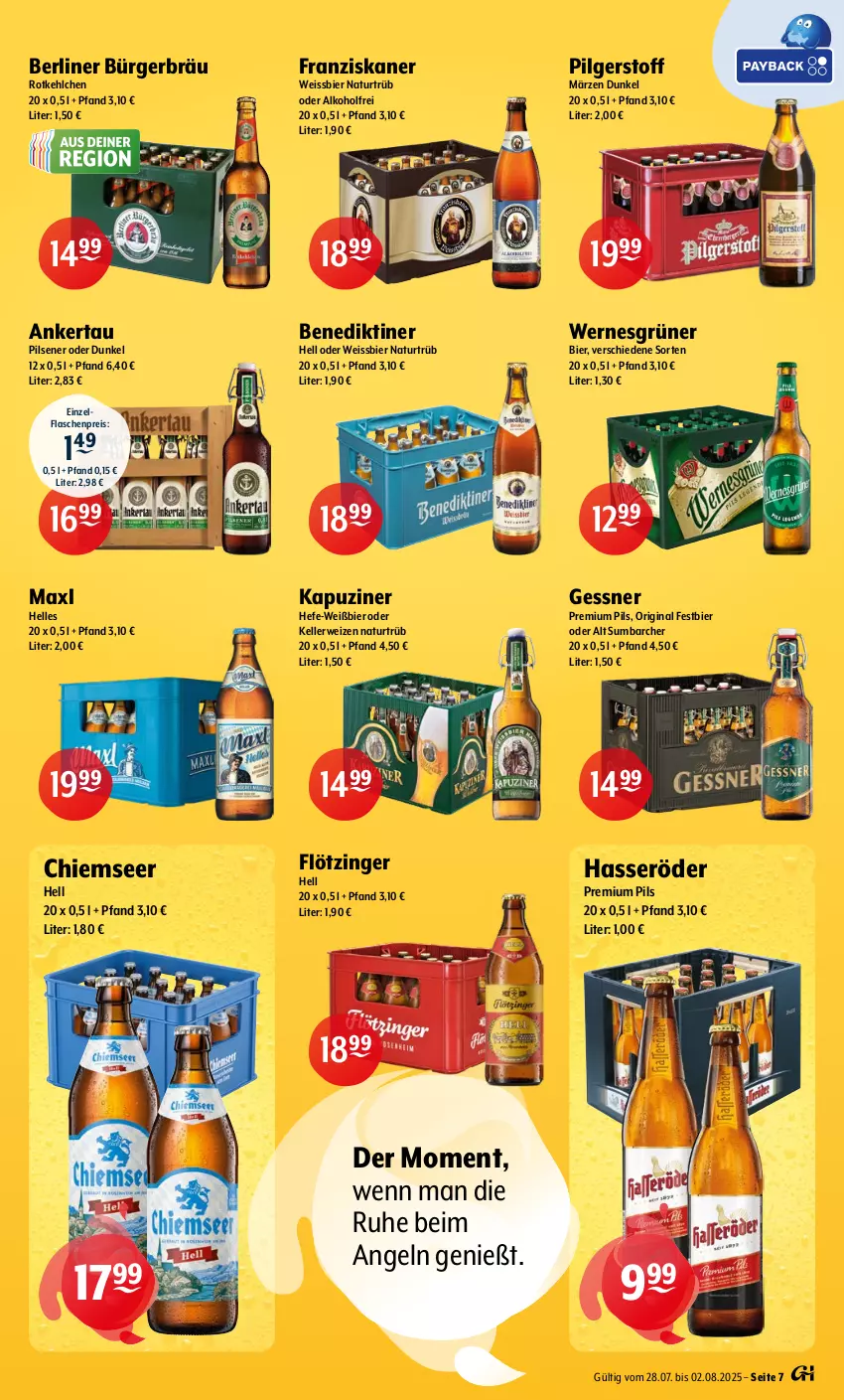 Aktueller Prospekt Getraenke Hoffmann - Prospekte - von 28.07 bis 02.08.2025 - strona 7 - produkty: alkohol, Benediktiner, berliner, bier, eis, elle, flasche, franziskaner, Gessner, gin, hasseröder, Hefe, LG, Maxl Helles, natur, pils, pilsener, premium pils, reis, rwe, Ti, weissbier