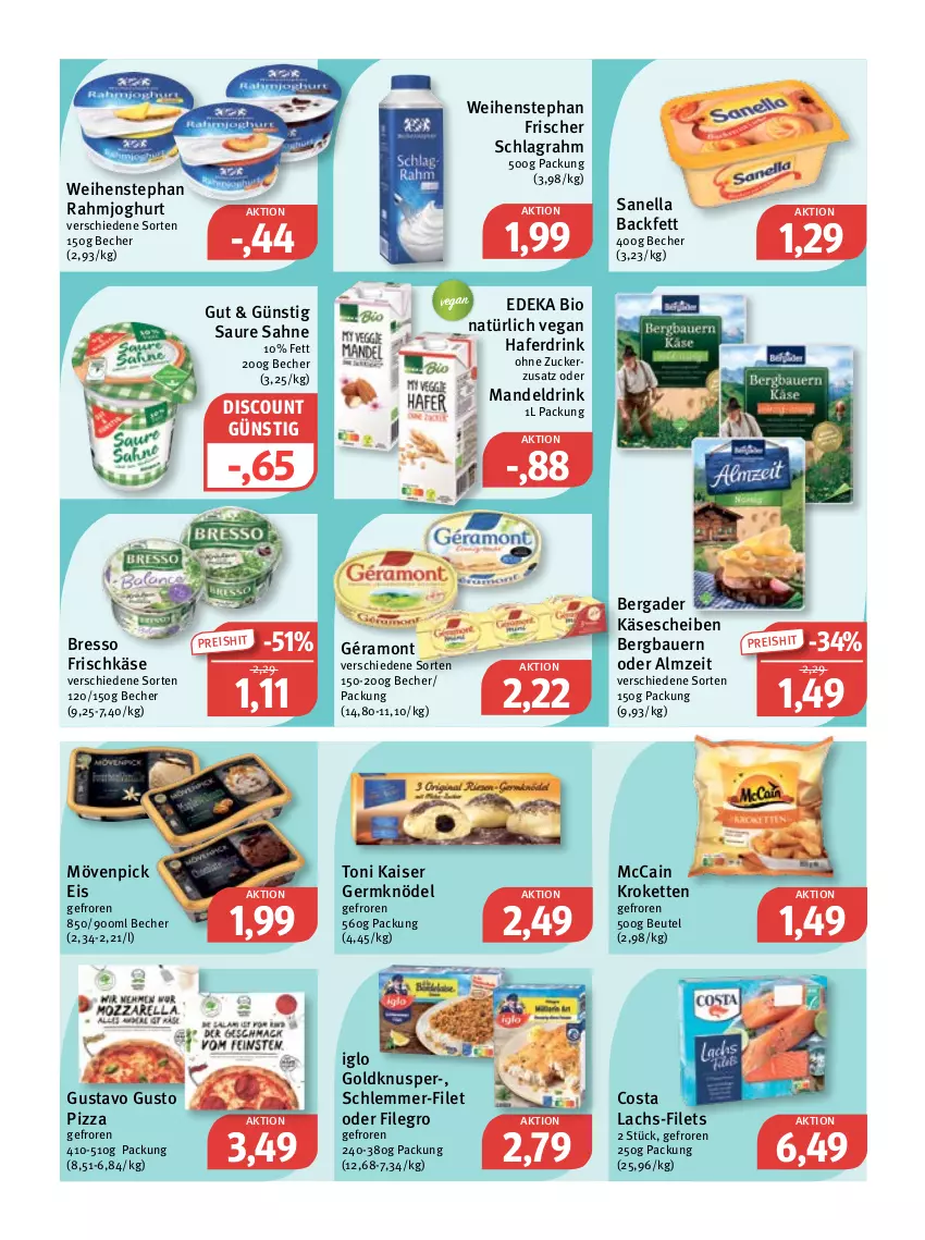 Aktueller Prospekt Feneberg - Prospekte - von 13.10 bis 15.10.2022 - strona 10 - produkty: auer, Bau, Bauer, Becher, bergader, beutel, bio, bresso, deka, discount, drink, edeka bio, eis, filegro, filet, filets, frischkäse, géramont, Germ, hafer, Haferdrink, iglo, joghur, joghurt, Kaiser, Käse, käsescheiben, Kette, Knödel, Kroketten, lachs, mandel, Mandeldrink, mccain, mövenpick, mövenpick eis, pizza, rahmjoghurt, reis, sahne, schlagrahm, schlemmer-filet, Ti, weihenstephan, zucker