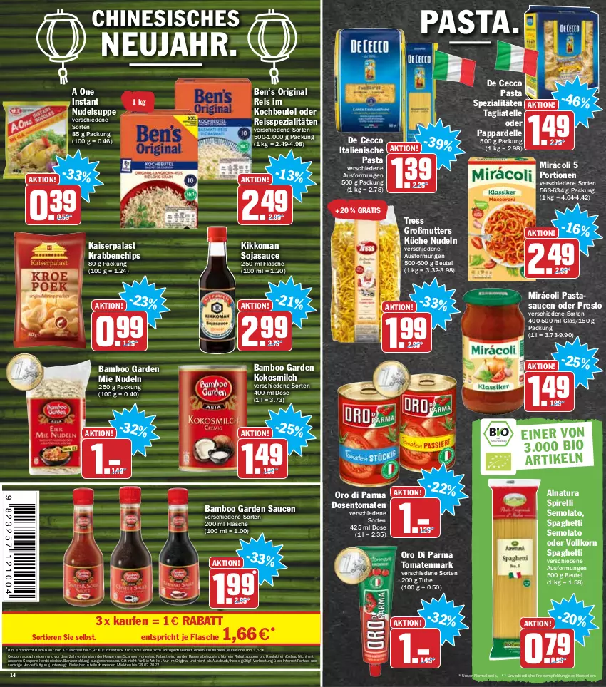 Aktueller Prospekt Hit - Prospekte - von 31.01 bis 05.02.2022 - strona 14 - produkty: bamboo, beutel, bio, Brei, chips, coupon, coupons, De Cecco, dell, ecco, eis, elle, flasche, gin, Kaiser, kikkoman, kochbeutel, kokos, kokosmilch, korn, küche, milch, Mirácoli, natur, natura, nudel, nudeln, oro di parma, pasta, reis, reiss, rel, sauce, saucen, sofort-rabatt, soja, sojasauce, spaghetti, Spezi, suppe, tagliatelle, tee, teller, Ti, Tiere, tisch, tomate, tomaten, tomatenmark