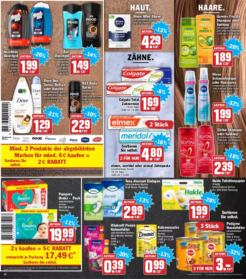 Aktueller Prospekt Hit - Prospekte - von 31.01 bis 05.02.2022 - strona 16 - produkty: after shave, axe, axe duschgel, beutel, body, bodyspray, Brei, colgate, colgate total, coupon, creme, deo, deo spray, Discreet, dove, duschdas, dusche, duschgel, eier, eis, elle, elmex, elvital, flasche, fructis, garnier, gin, haarspray, hakle, hakle toilettenpapier, katzenfutter, katzensnack, katzensnacks, kraft, LG, meridol, nivea, pampers, papier, pasta, pedigree, reis, rexona, roll-on, Roller, Schal, Schale, schaumfestiger, shampoo, shampoo oder spülung, Signal, snack, snacks, sofort-rabatt, spülung, teller, Ti, Tiere, toilettenpapier, Vase, vita, vitakraft, zahncreme, zahnpasta