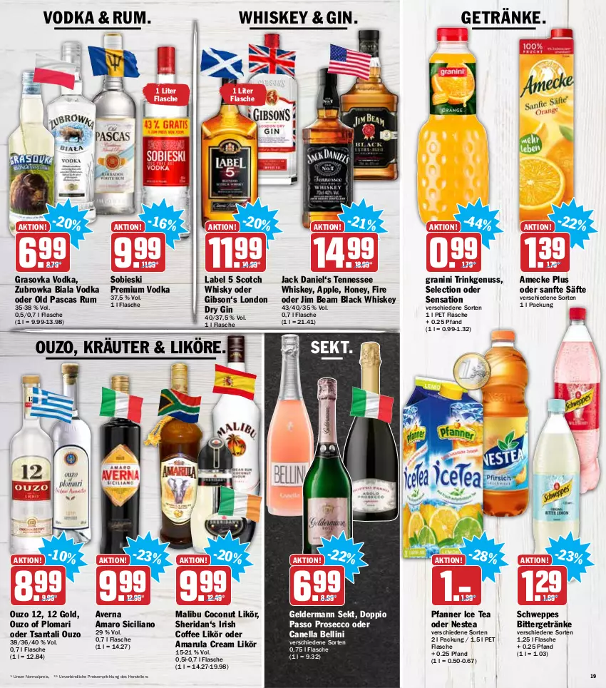 Aktueller Prospekt Hit - Prospekte - von 31.01 bis 05.02.2022 - strona 19 - produkty: amaro, amarula, amecke, Apple, averna, coconut, doppio passo, dry gin, ecco, eis, elle, flasche, geldermann, getränk, getränke, gin, granini, ice tea, jack daniel, jim beam, kräuter, lack, likör, london dry, london dry gin, Malibu, Nestea, nuss, ouzo, ouzo 12, passo, pfanne, Pfanner, premium vodka, prosecco, reis, rum, säfte, schweppes, scotch, scotch whisky, sekt, teller, tennessee whiskey, Ti, vodka, whiskey, whisky