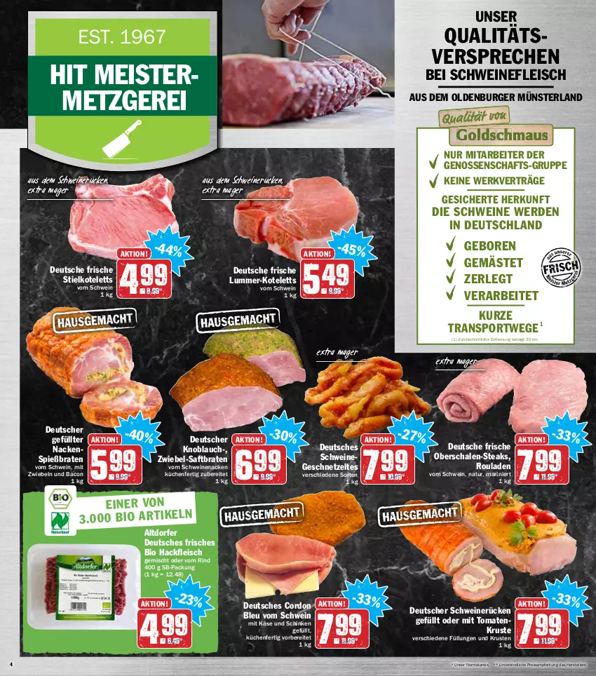 Aktueller Prospekt Hit - Prospekte - von 31.01 bis 05.02.2022 - strona 4 - produkty: bacon, bio, braten, burger, eis, elle, erde, fleisch, Germ, geschnetzeltes, gewürz, hackfleisch, hackfleisch gemischt, Käse, knoblauch, kotelett, küche, Küchen, Meister, mit zwiebeln, natur, pfanne, reis, rind, rouladen, rum, saft, Schal, Schale, schinken, schwein, schweine, schweinefleisch, schweinenacken, schweinerücken, Sport, steak, steaks, teller, Ti, tomate, tomaten, vom schweinenacken, wein, weine, Zelt, zwiebel, zwiebeln