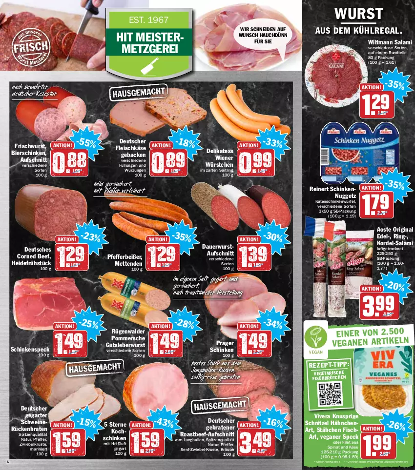 Aktueller Prospekt Hit - Prospekte - von 31.01 bis 05.02.2022 - strona 6 - produkty: auer, aufschnitt, aus dem kühlregal, beef, bier, bierschinken, braten, brötchen, corned beef, eis, elle, filet, fisch, fleisch, fleischkäse, geback, gin, gutsleberwurst, heidefrühstück, im zarten saitling, jungbullen, Käse, katenschinken, kochschinken, kräuter, kühlregal, leberwurst, Meister, Mett, metten, Mettenden, natur, pfeffer, Pfefferbeißer, Pommersche, regal, reinert, reis, rezept, ring, roastbeef, Rückenbraten, rügenwalder, saft, salami, schinken, schinkenspeck, schnitzel, schwein, schweine, senf, Speck, spinat, spitzenqualität, teller, Ti, Vegeta, wein, weine, wiener, wiener würstchen, wiltmann, würfel, wurst, würstchen, zwiebel