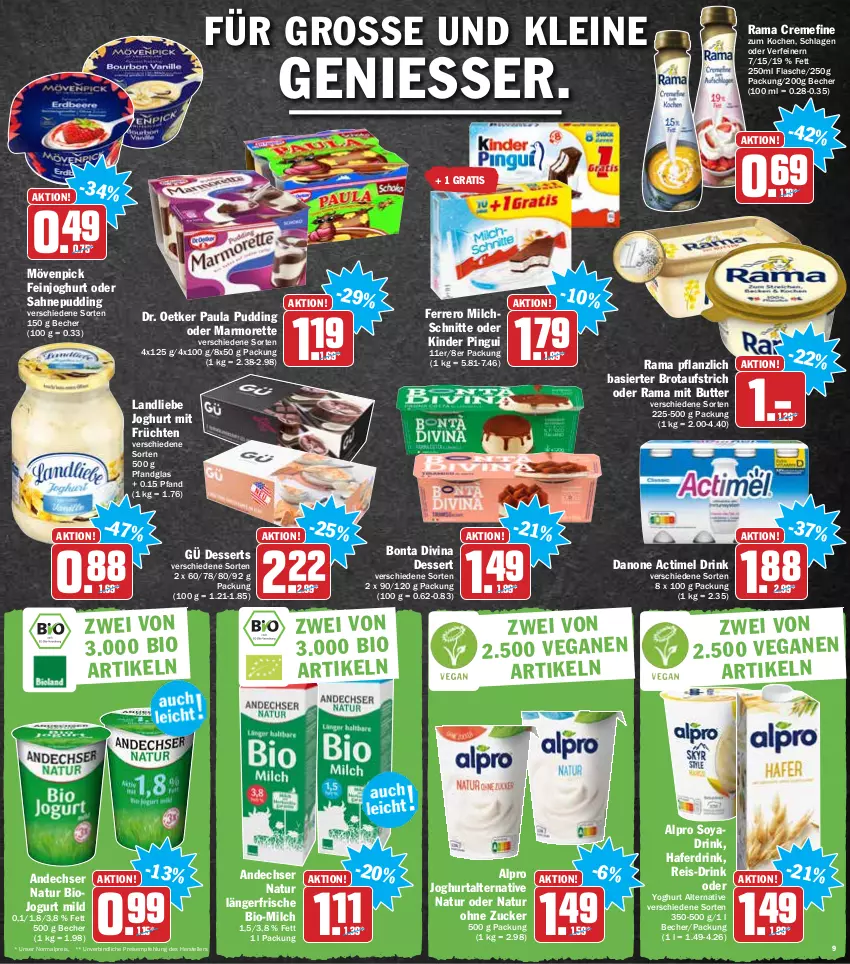 Aktueller Prospekt Hit - Prospekte - von 31.01 bis 05.02.2022 - strona 9 - produkty: actimel, actimel drink, alpro, aufstrich, Becher, bio, brot, brotaufstrich, butter, creme, danone, danone actimel drink, dessert, desserts, Dr. Oetker, drink, eis, elle, feinjoghurt, ferrero, flasche, früchte, früchten, hafer, Haferdrink, joghur, joghurt, jogurt, Kinder, kinder pingui, landliebe, landliebe joghurt, leine, marmorette, milch, Milchschnitte, mövenpick, natur, Paula, paula pudding, pingui, pudding, rama, rama cremefine, reis, sahne, soya, teller, Ti, Yo, yoghurt, zucker