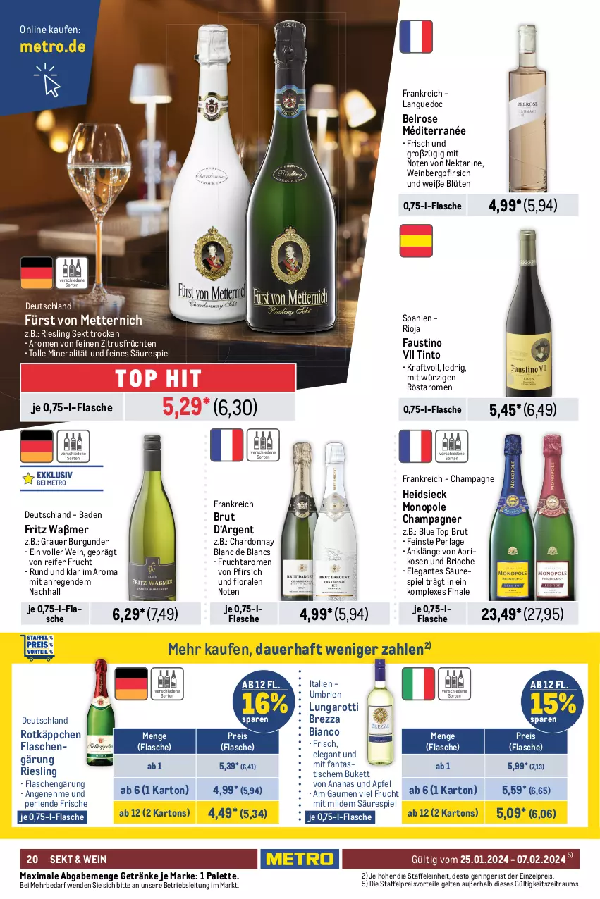 Aktueller Prospekt Metro - Food - NonFood - von 25.01 bis 07.02.2024 - strona 20 - produkty: ananas, apfel, aprikose, aprikosen, auer, aust, Bad, Blüte, bombay sapphire, brie, brut, burgunder, champagne, champagner, chardonnay, de blancs, eis, ente, fanta, flasche, fritz, frucht, früchte, früchten, fürst von metternich, Germ, getränk, getränke, Gorbatschow, grauer burgunder, jägermeister, johnnie walker, kraft, kräuter, kräuterlikör, likör, lillet, Meister, Metro, Mett, metternich, Nektar, ouzo, Palette, perla, perlen, pfirsich, preisvorteil, reis, riesling, ring, rioja, rotkäppchen, sapphire, sekt, Spezi, spirituosen, Ti, tisch, wein, wodka