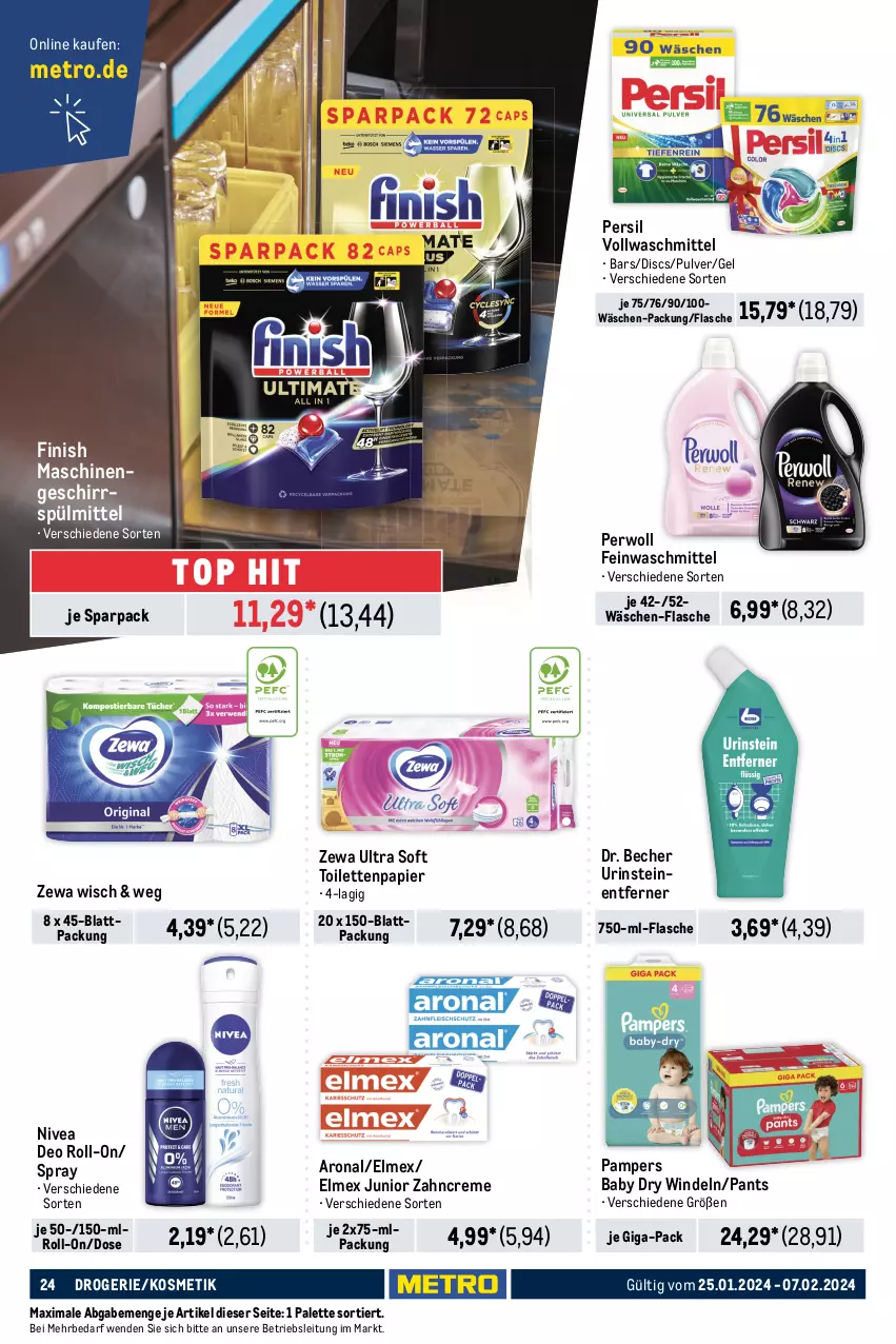 Aktueller Prospekt Metro - Food - NonFood - von 25.01 bis 07.02.2024 - strona 24 - produkty: auer, Becher, besteck, creme, deo, deo roll-on, dessert, Dessertteller, edelstahl, eis, elle, elmex, feinwaschmittel, Finish, flasche, gabel, geschirr, geschirrspülmittel, kerze, kosmetik, Metro, nivea, Palette, pampers, pampers baby dry, Pants, papier, persil, perwoll, preisvorteil, reis, ring, roll-on, spülmaschinen, spülmittel, tee, Teelicht, teelichte, teller, Ti, toilettenpapier, vollwaschmittel, waschmittel, windeln, zahncreme, zewa