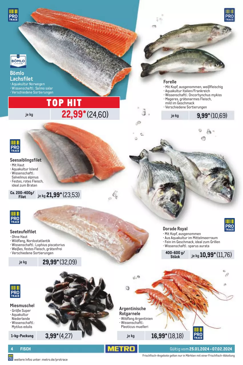 Aktueller Prospekt Metro - Food - NonFood - von 25.01 bis 07.02.2024 - strona 4 - produkty: Abtei, angebot, angebote, aqua, braten, Dorade, dorade royal, eis, elle, filet, fisch, fleisch, forelle, frischfisch, grill, ideal zum braten, ideal zum grillen, lachs, lachsfilet, mac, Metro, rel, rwe, Saibling, Seesaiblingsfilet, Ti, Wild