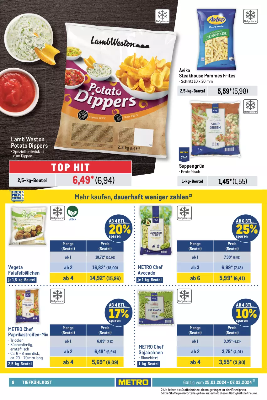 Aktueller Prospekt Metro - Food - NonFood - von 25.01 bis 07.02.2024 - strona 8 - produkty: apostels, auer, avocado, beutel, bockwurst, bohne, bohnen, cin, dip, eimer, eis, elle, Falafel, gin, houdek, kabanos, Käse, küche, Küchen, Metro, nudel, nudeln, paprika, pommes, Pommes Frites, preisvorteil, reifen, reis, ring, salami, schinken, schnitten, senf, soja, sour cream, Speck, Spezi, steak, südtiroler, suppe, suppen, tagliatelle, Ti, tiefkühlkost, tuc, Vegeta, WICK, wurst