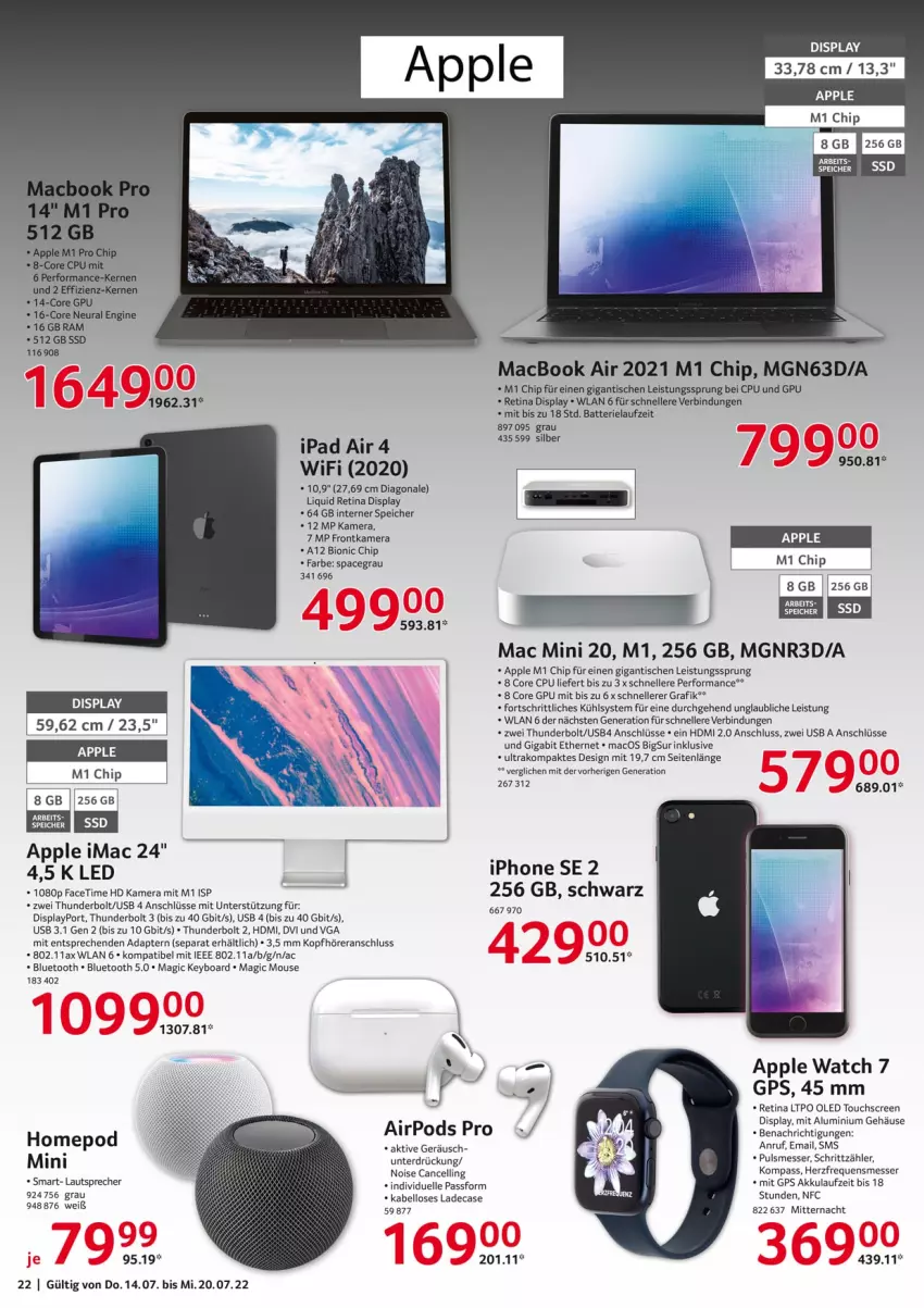 Aktueller Prospekt Selgros - Nonfood - von 14.07 bis 20.07.2022 - strona 22 - produkty: adapter, akku, Apple, batterie, bio, eis, elle, frontkamera, gin, GPS, HDMI, ipad, ipad air, iphone, IPhone SE, kamera, kopfhörer, lautsprecher, mac, macbook, macbook air, messer, Omep, Pods, ssd, Ti, tisch, touchscreen, usb