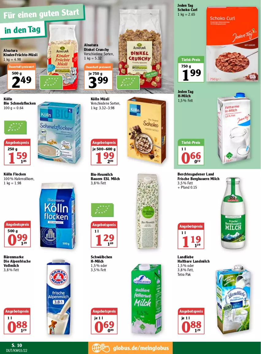 Aktueller Prospekt Globus - Prospekte - von 17.01 bis 22.01.2022 - strona 10 - produkty: angebot, angebotspreis, auer, bärenmarke, Bau, Bauer, bio, eis, früchte, hafer, Heu, heumilch, Kinder, kölln, korn, landliebe, landmilch, milch, müsli, natur, natura, reis, schoko, Ti, tiefst-preis, vollmilch