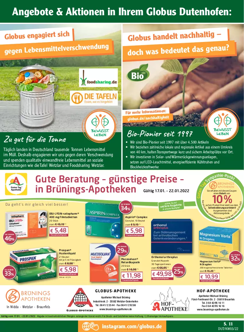 Aktueller Prospekt Globus - Prospekte - von 17.01 bis 22.01.2022 - strona 11 - produkty: angebot, angebote, Apotheke, Aspirin, beutel, bio, braun, coupon, eis, ente, Ibu-Lysin, kraft, lebensmittel, leuchtmittel, magnesium, Mucosolvan, Ofen, Orthomol, Prospan, Ratiopharm, reis, ring, saft, Sport, Stier, tablet, tablett, Tablette, Ti, Tiere