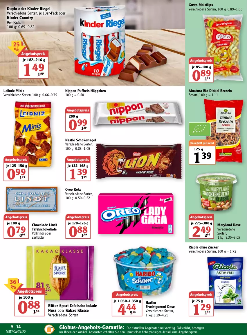 Aktueller Prospekt Globus - Prospekte - von 17.01 bis 22.01.2022 - strona 14 - produkty: angebot, angebote, angebotspreis, auer, bio, brezel, Brezeln, cola, duplo, eis, elle, frucht, fruchtgummi, haribo, kakao, keks, Kinder, kinder country, kinder riegel, leibniz, lindt, mais, milch, natur, natura, nestlé, nippon, nuss, oreo, Puffreis Häppchen, reis, Ricola, riegel, ritter, ritter sport, schoko, schokolade, schokoriegel, sesam, Sport, tafelschokolade, Ti, vollmilch, zucker