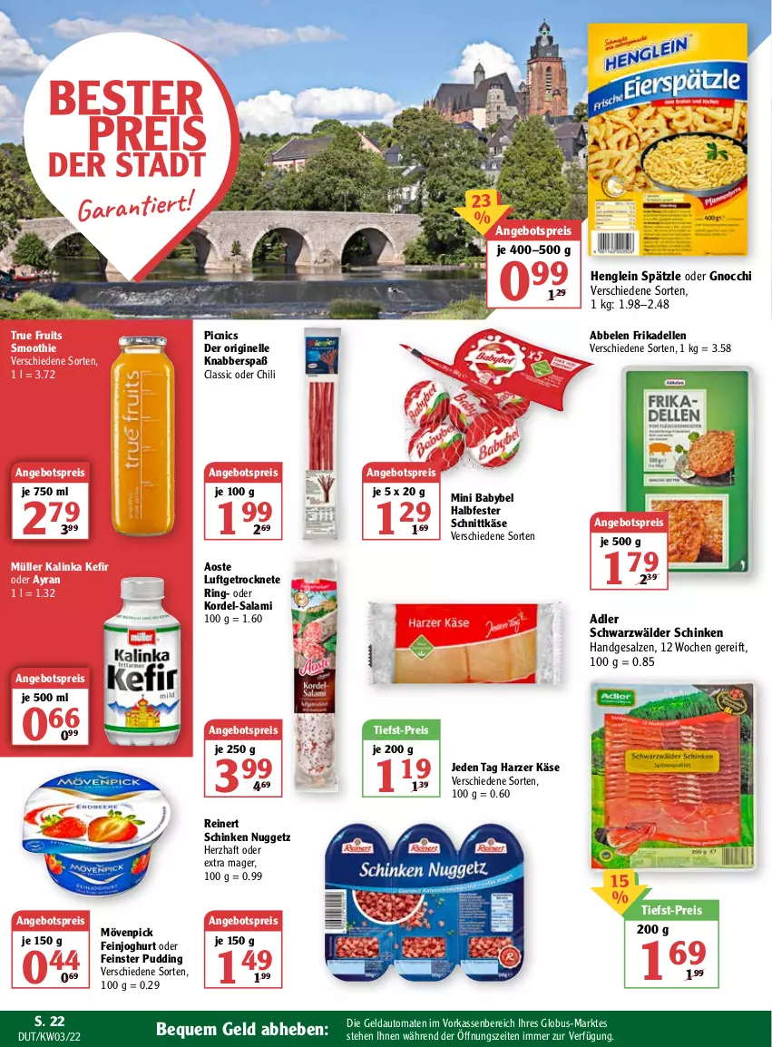 Aktueller Prospekt Globus - Prospekte - von 17.01 bis 22.01.2022 - strona 22 - produkty: angebot, angebotspreis, auto, Ayran, babybel, chili, dell, eis, elle, feinjoghurt, frikadellen, gin, gnocchi, halbfester schnittkäse, henglein, joghur, joghurt, Käse, Kefir, mini babybel, mövenpick, Müller, pudding, reinert, reis, ring, salami, salz, schinken, schnittkäse, schwarzwälder schinken, smoothie, Ti, tiefst-preis, tomate, tomaten, true fruits