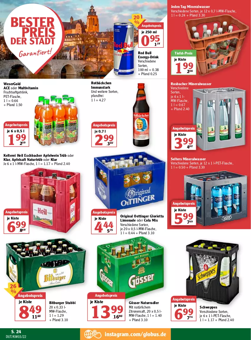 Aktueller Prospekt Globus - Prospekte - von 17.01 bis 22.01.2022 - strona 24 - produkty: Alwa, angebot, angebotspreis, apfel, apfelsaft, apfelwein, bitburger, burger, cola, drink, eis, flasche, frucht, fruchtsaft, fruchtsaftgetränk, getränk, gin, gösser, limo, limonade, mineralwasser, mw-flasche, natur, oettinger, pet-flasche, radler, red bull, reis, saft, schweppes, Selters, Ti, tiefst-preis, vita, wasser, wein, zitrone, zitronen, zitronensaft