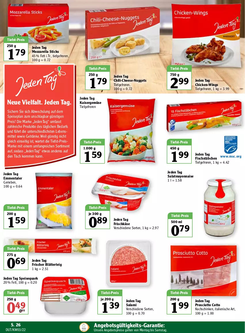 Aktueller Prospekt Globus - Prospekte - von 17.01 bis 22.01.2022 - strona 26 - produkty: angebot, angebotspreis, blätterteig, chili, eis, emmentaler, fisch, fischstäbchen, frischkäse, getränk, getränke, Kaiser, Kaisergemüse, Käse, kochschinken, lebensmittel, mayonnaise, mozzarella, nuggets, prosciutto, prosciutto cotto, quark, reis, rel, salami, salat, schinken, Soda, speisequark, Ti, tiefst-preis, tisch, Yo