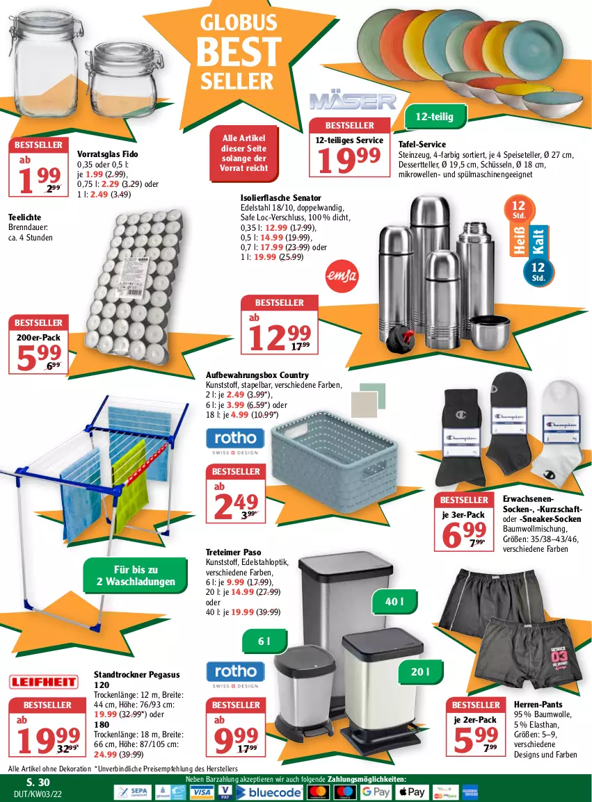 Aktueller Prospekt Globus - Prospekte - von 17.01 bis 22.01.2022 - strona 30 - produkty: alle artikel ohne dekoration, asus, auer, aufbewahrungsbox, Bau, baumwolle, baumwollmischung, Brei, dekoration, dessert, Dessertteller, edelstahl, eimer, eis, elle, flasche, herren-pants, isolierflasche, LG, mikrowelle, Pants, reis, schüssel, sneaker, socken, Speiseteller, spülmaschinen, tee, Teelicht, teelichte, teller, Ti, Tiere, treteimer, Trockner, wolle