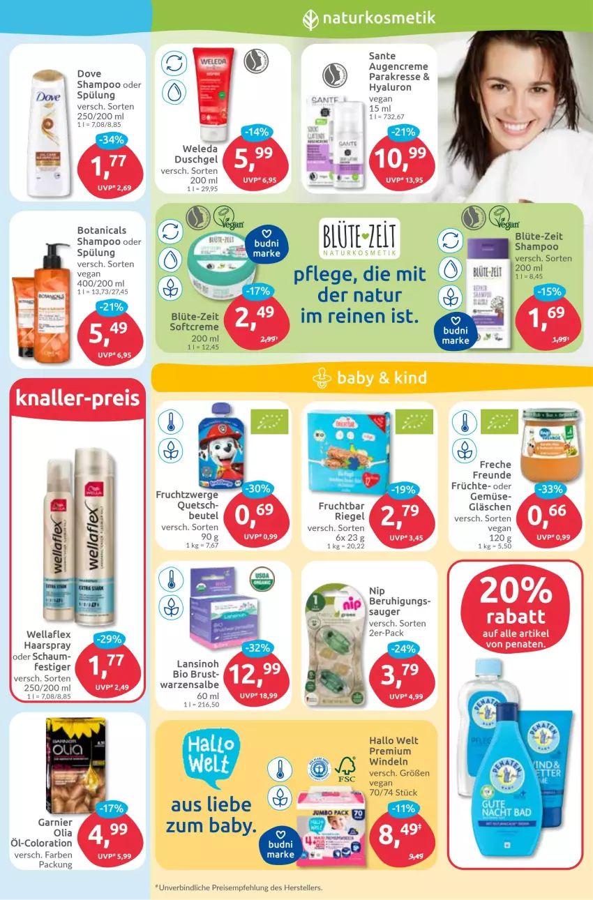 Aktueller Prospekt Budni - Prospekte - von 05.09 bis 10.09.2022 - strona 3 - produkty: beutel, Blüte, creme, dove, duschgel, eis, elle, frucht, früchte, fruchtzwerge, garnier, haarspray, hyaluron, natur, penaten, reis, riegel, rum, SANTE, shampoo, Softcreme, spülung, teller, Ti, wein, weleda, Wella, wellaflex, windeln