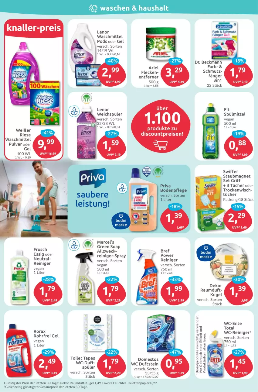 Aktueller Prospekt Budni - Prospekte - von 05.09 bis 10.09.2022 - strona 4 - produkty: ariel, bio, biozidprodukte, Bref, discount, domestos, Dr. Beckmann, eis, ente, essig, feuchtes toilettenpapier, Frosch, Kugel, lenor, lenor waschmittel, papier, Pods, Rauch, Raumduft, reiniger, reis, rorax, rwe, spülmittel, staubmagnet, swiffer, Ti, toilettenpapier, tücher, waschmittel, wc-reiniger, weck, weichspüler, ZTE