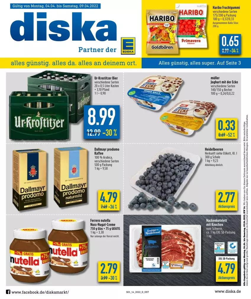 Aktueller Prospekt Diska - Prospekte - von 04.04 bis 09.04.2022 - strona 1 - produkty: aktionspreis, angebot, angebote, ball, Becher, beere, beeren, bier, creme, dallmayr, dallmayr prodomo, eis, ferrero, frucht, fruchtgummi, haribo, heidelbeere, heidelbeeren, joghur, joghurt, joghurt mit der ecke, kaffee, kotelett, Müller, nuss, nuss-nugat-creme, nutella, prodomo, reis, Schal, Schale, schwein, Ti, wein